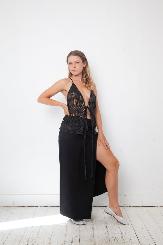 Jean Paul Gaultier 90's black wool and rayon wrap skirt with belt