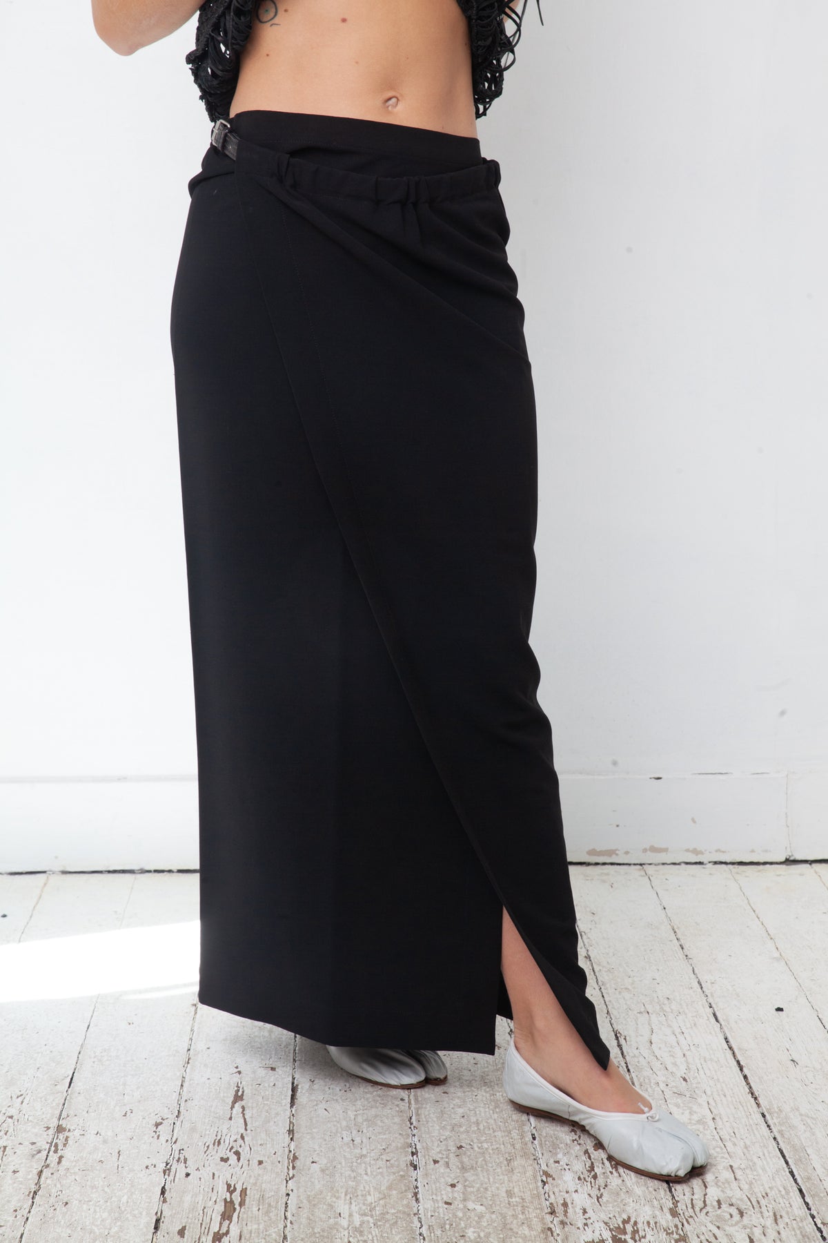 Jean Paul Gaultier 90's black wool and rayon wrap skirt with belt