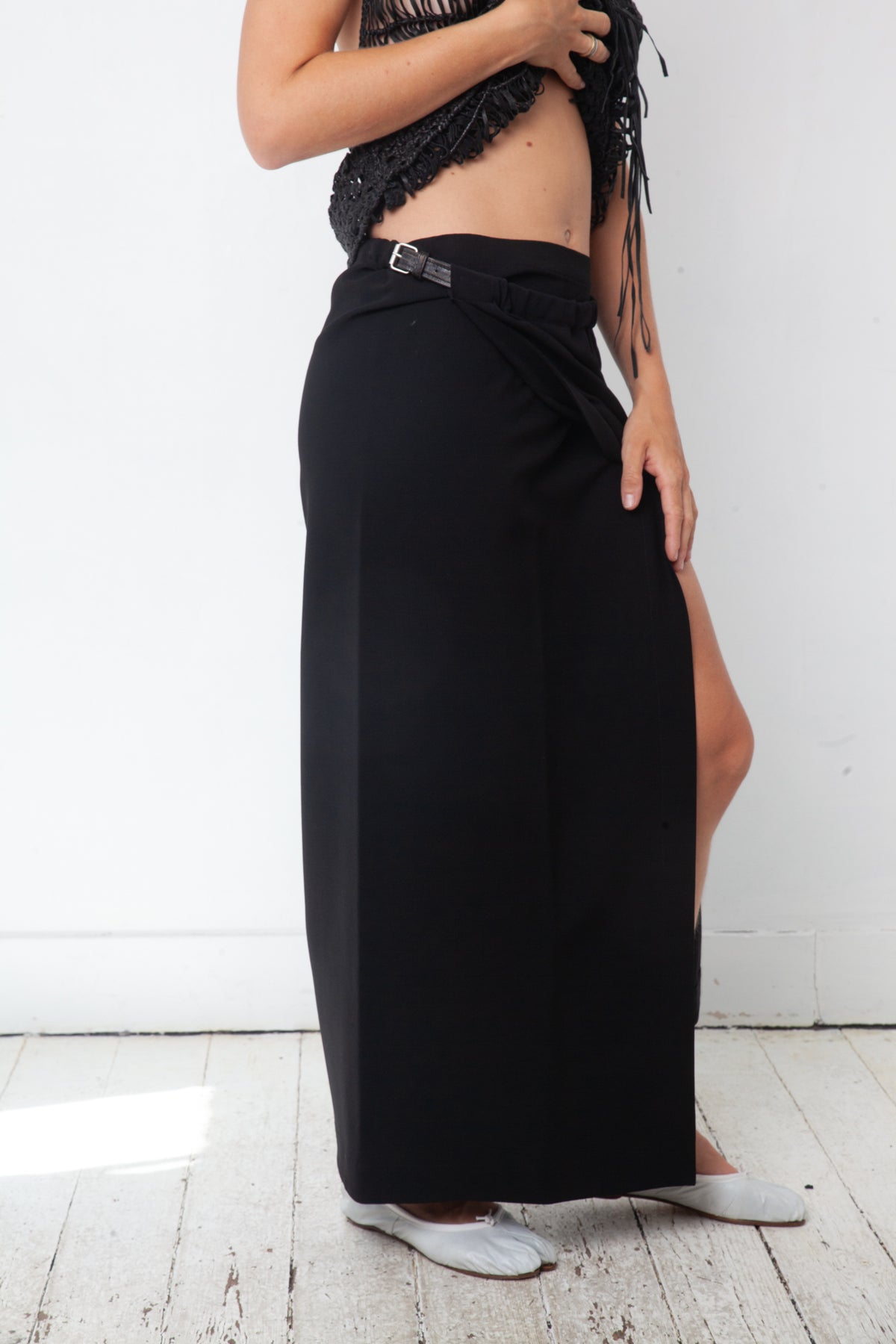 Jean Paul Gaultier 90's black wool and rayon wrap skirt with belt