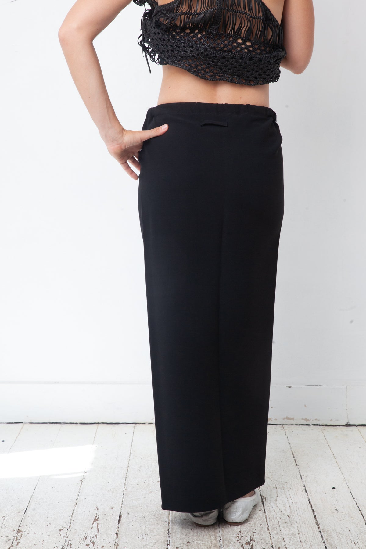 Jean Paul Gaultier 90's black wool and rayon wrap skirt with belt
