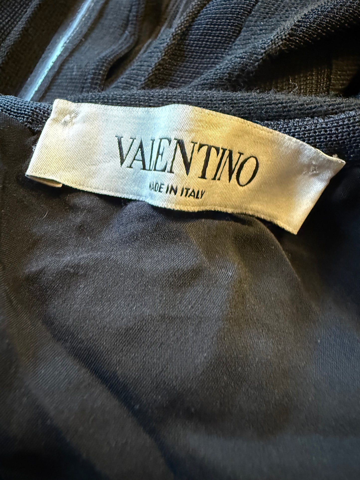 Valentino black heavy knit evening gown with deep V neck and open back