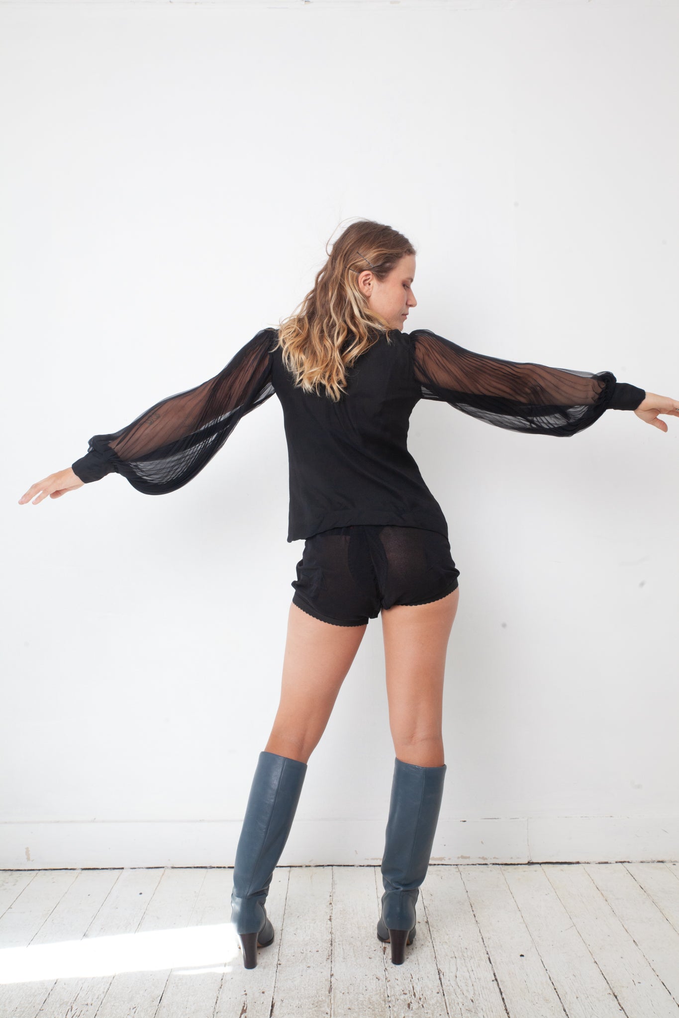 Vintage 1920's black silk shirt with pleated sheer balloon sleeves