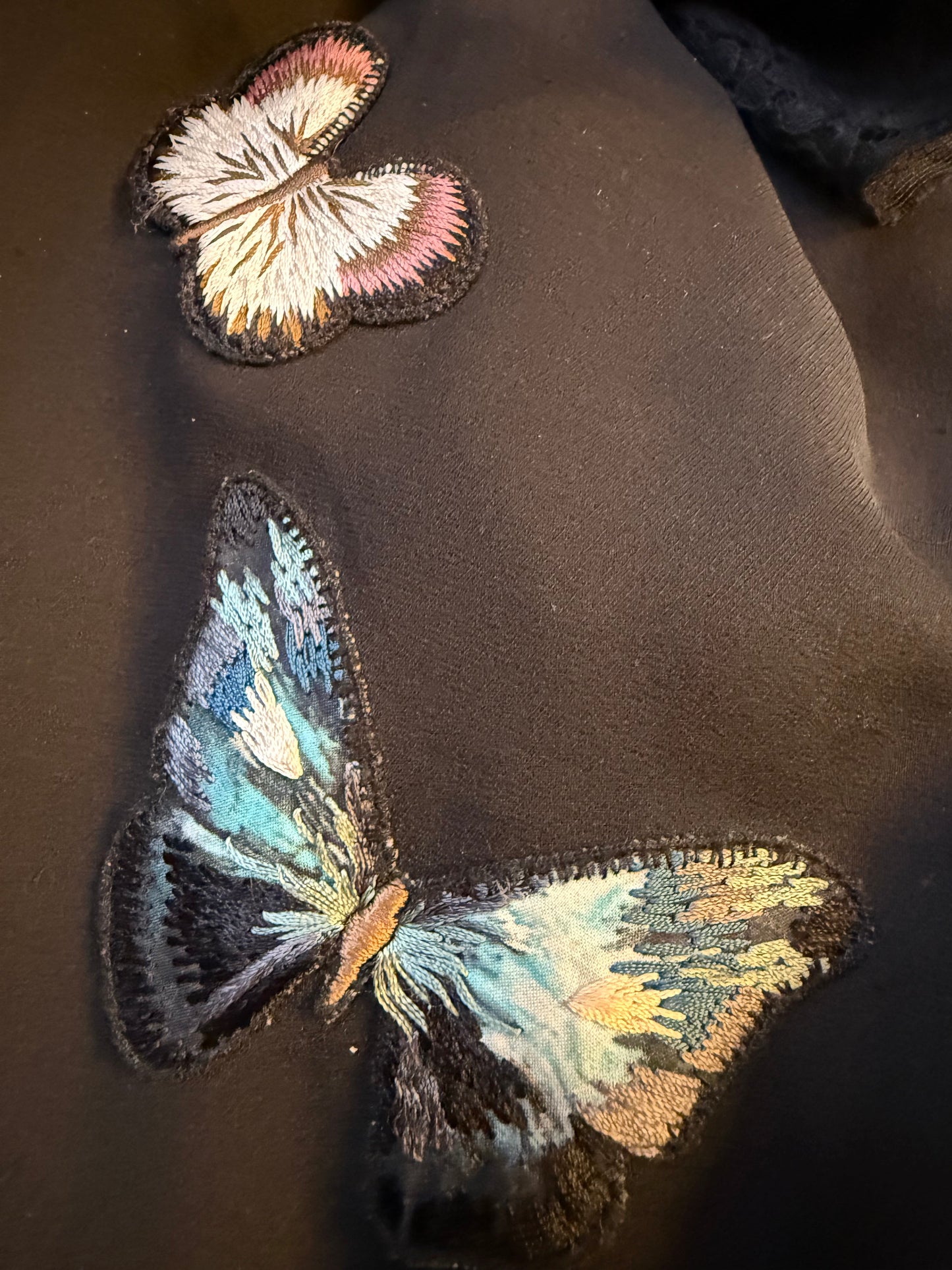 Valentino black slip on dress with lace trims and butterfly embroideries