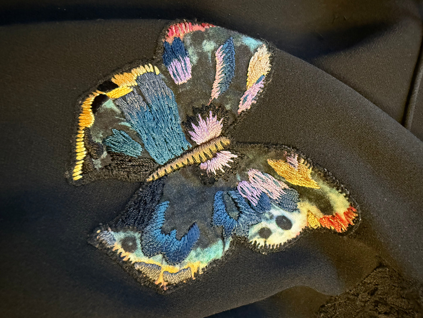 Valentino black slip on dress with lace trims and butterfly embroideries