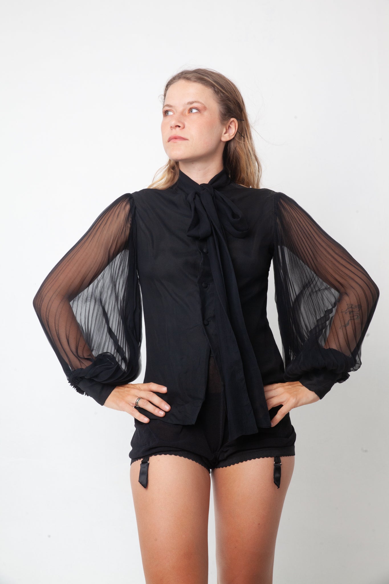Vintage 1920's black silk shirt with pleated sheer balloon sleeves