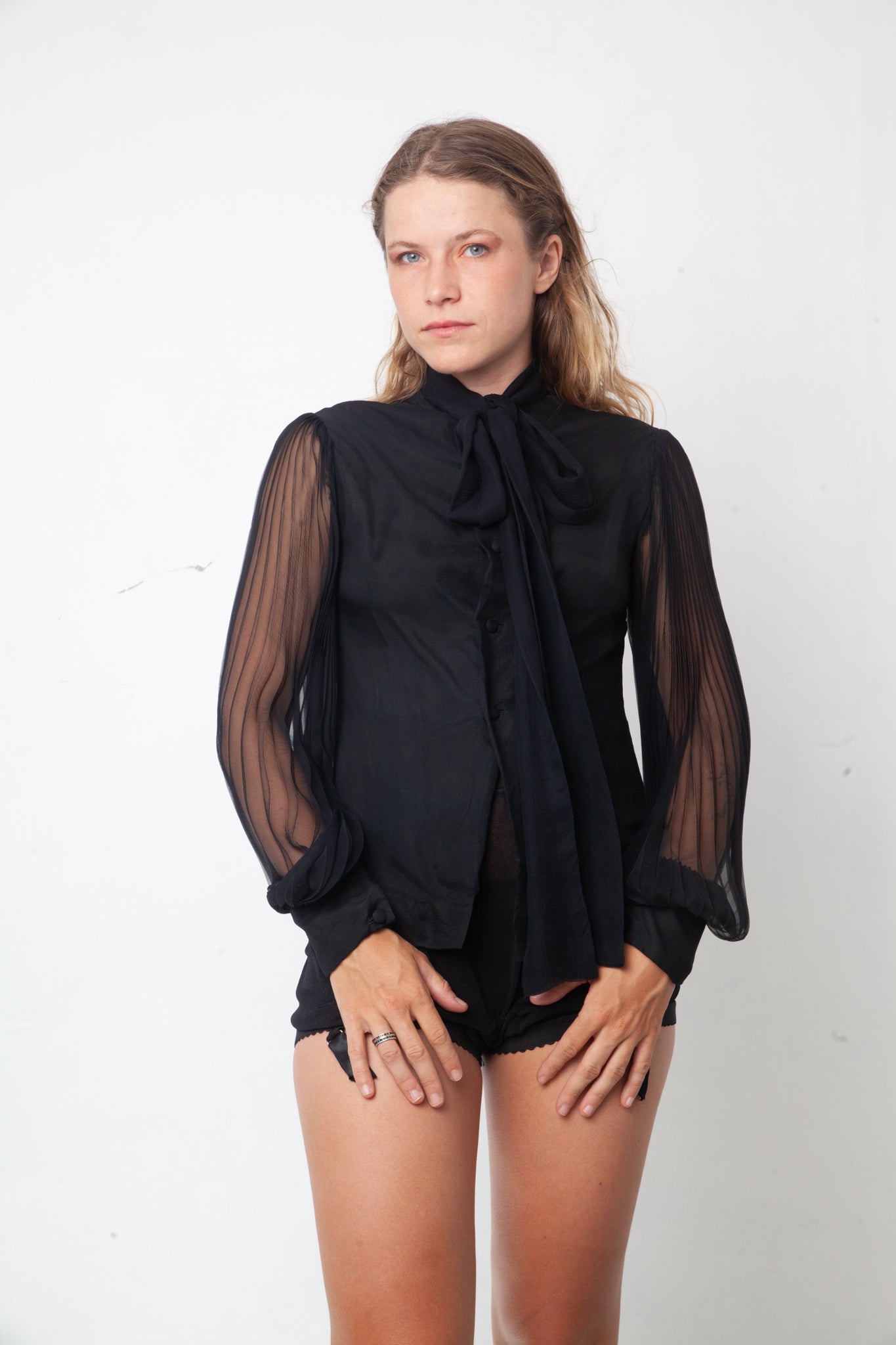 Vintage 1920's black silk shirt with pleated sheer balloon sleeves