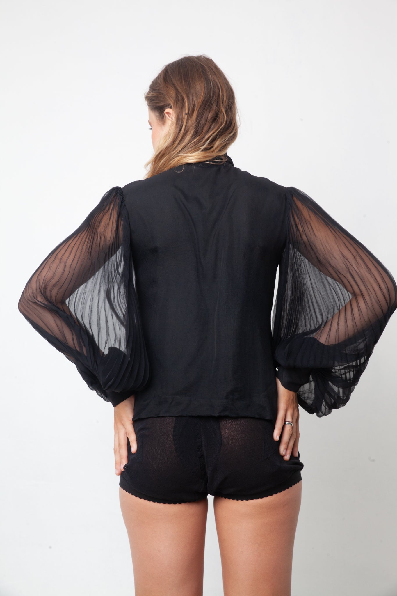 Vintage 1920's black silk shirt with pleated sheer balloon sleeves