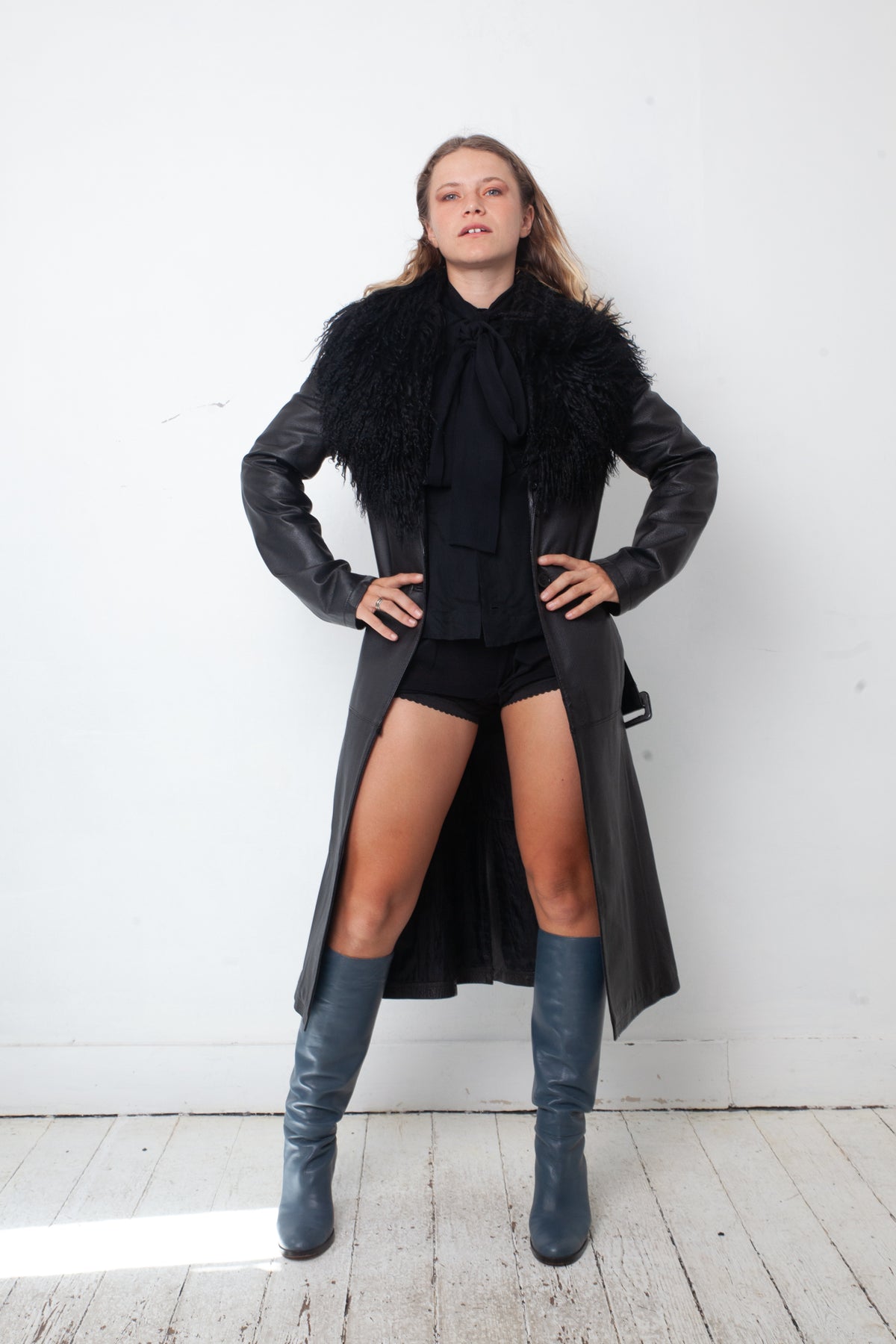 vintage 2000's black leather coat with removable Mongolian fur collar