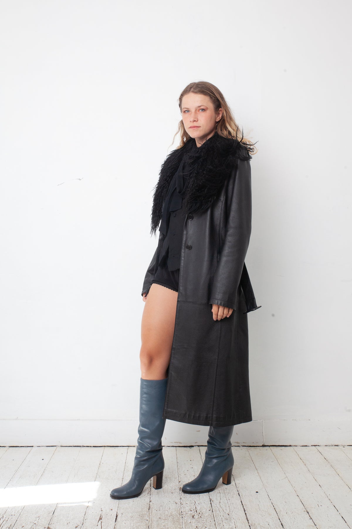 vintage 2000's black leather coat with removable Mongolian fur collar