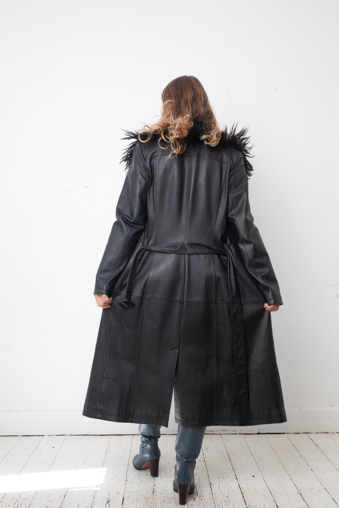 vintage 2000's black leather coat with removable Mongolian fur collar