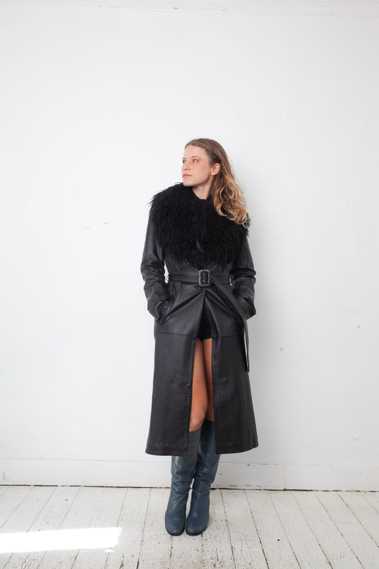 vintage 2000's black leather coat with removable Mongolian fur collar