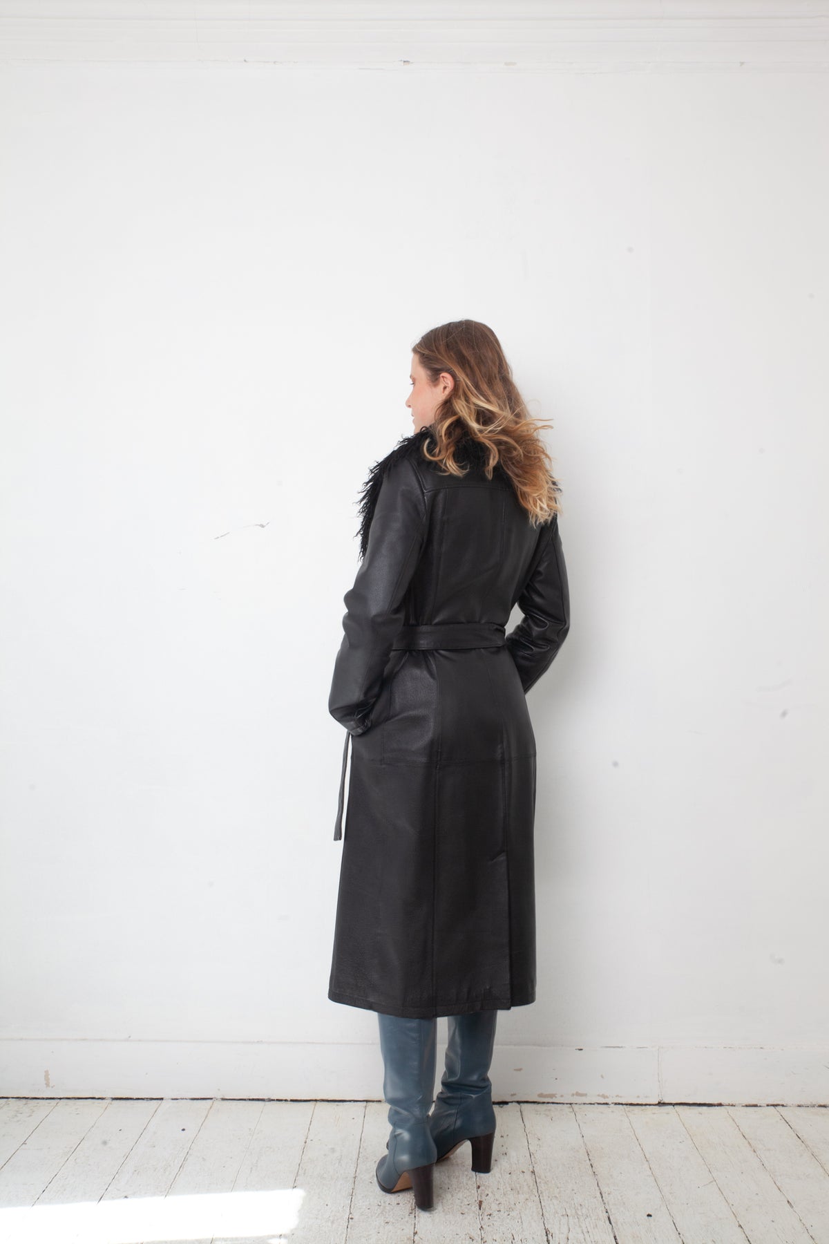 vintage 2000's black leather coat with removable Mongolian fur collar