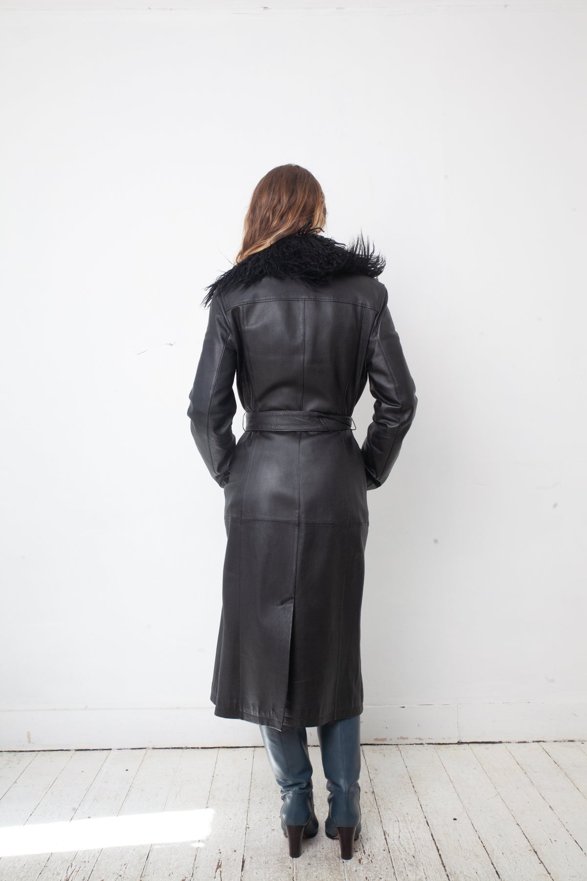 vintage 2000's black leather coat with removable Mongolian fur collar