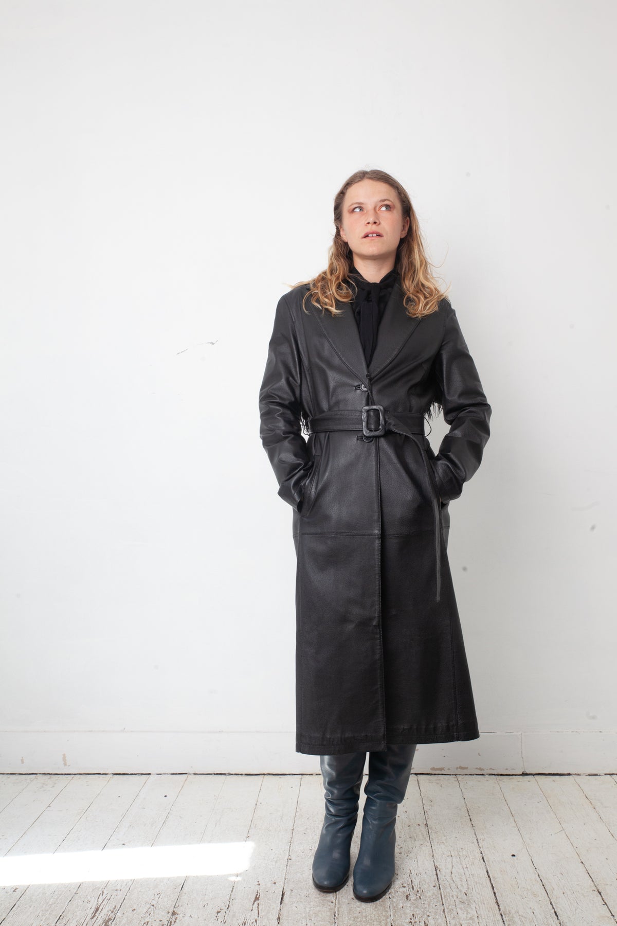 vintage 2000's black leather coat with removable Mongolian fur collar