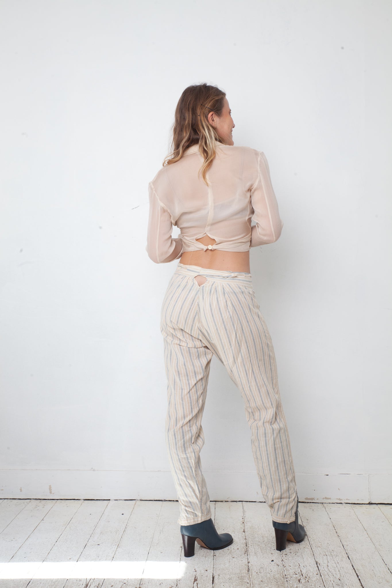 Vintage 1900's Victorian beige cotton striped split drawers / pants