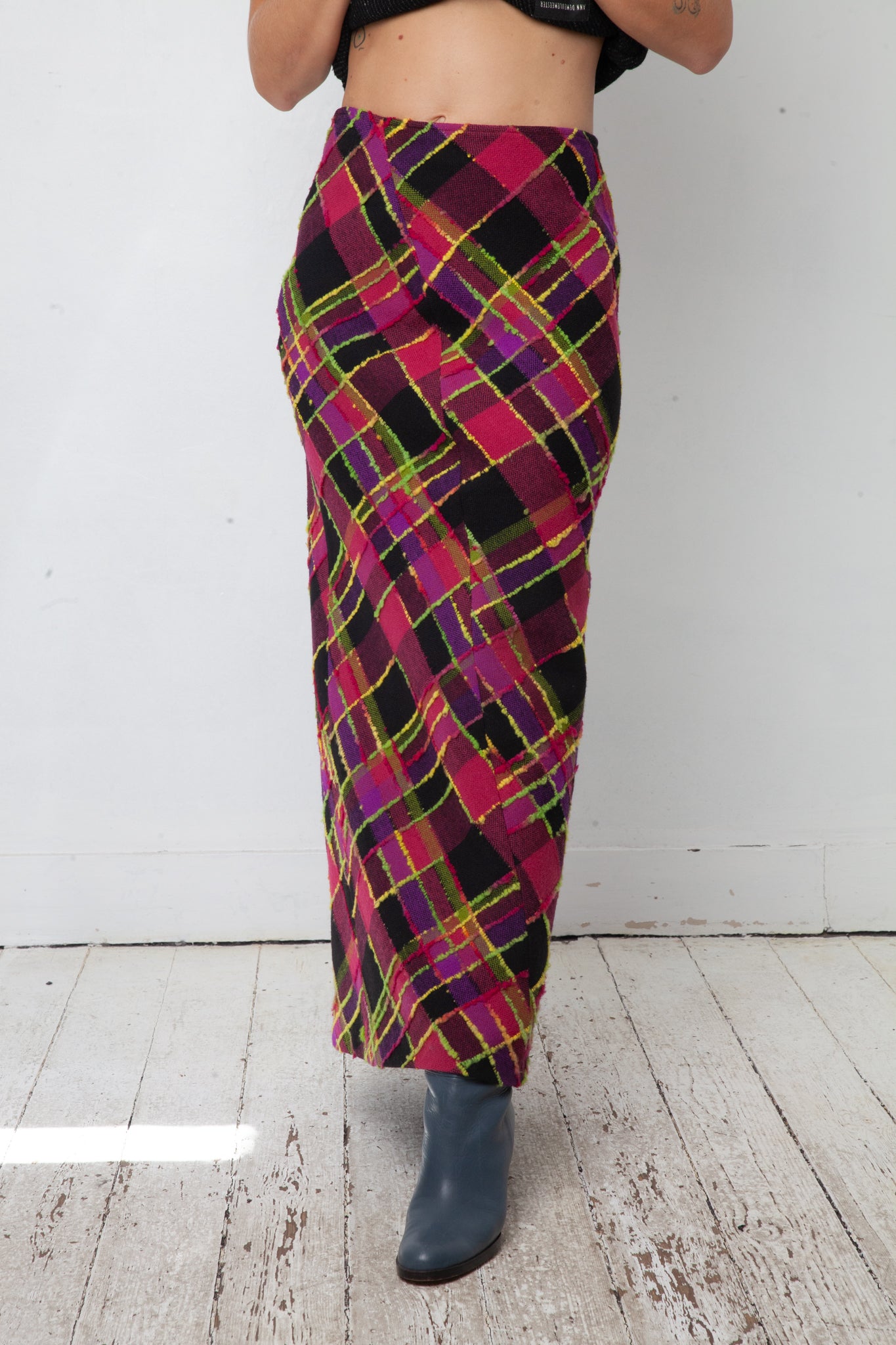 Christian Lacroix Bazaar 90's wool checkered pink and black maxi skirt