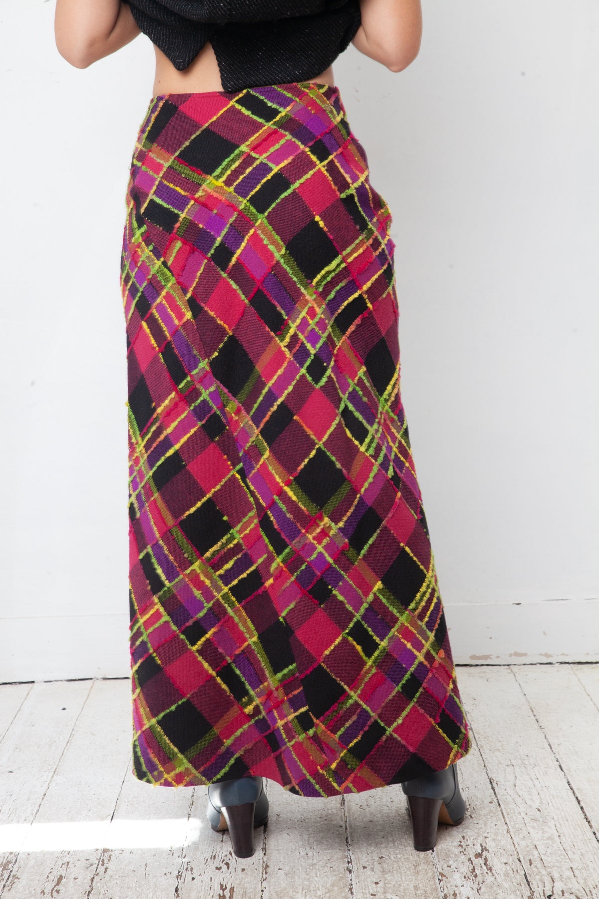 Christian Lacroix Bazaar 90's wool checkered pink and black maxi skirt