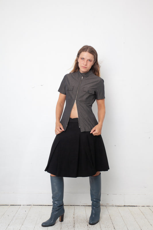 Dries van Noten 90's wool and paper black A-line midi skirt