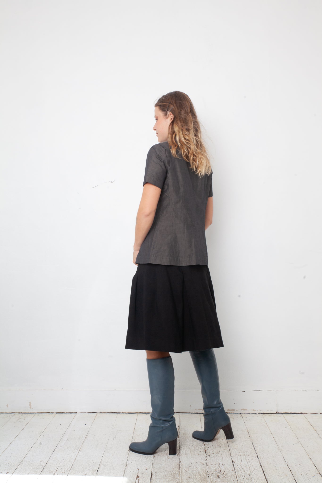 Dries van Noten 90's wool and paper black A-line midi skirt