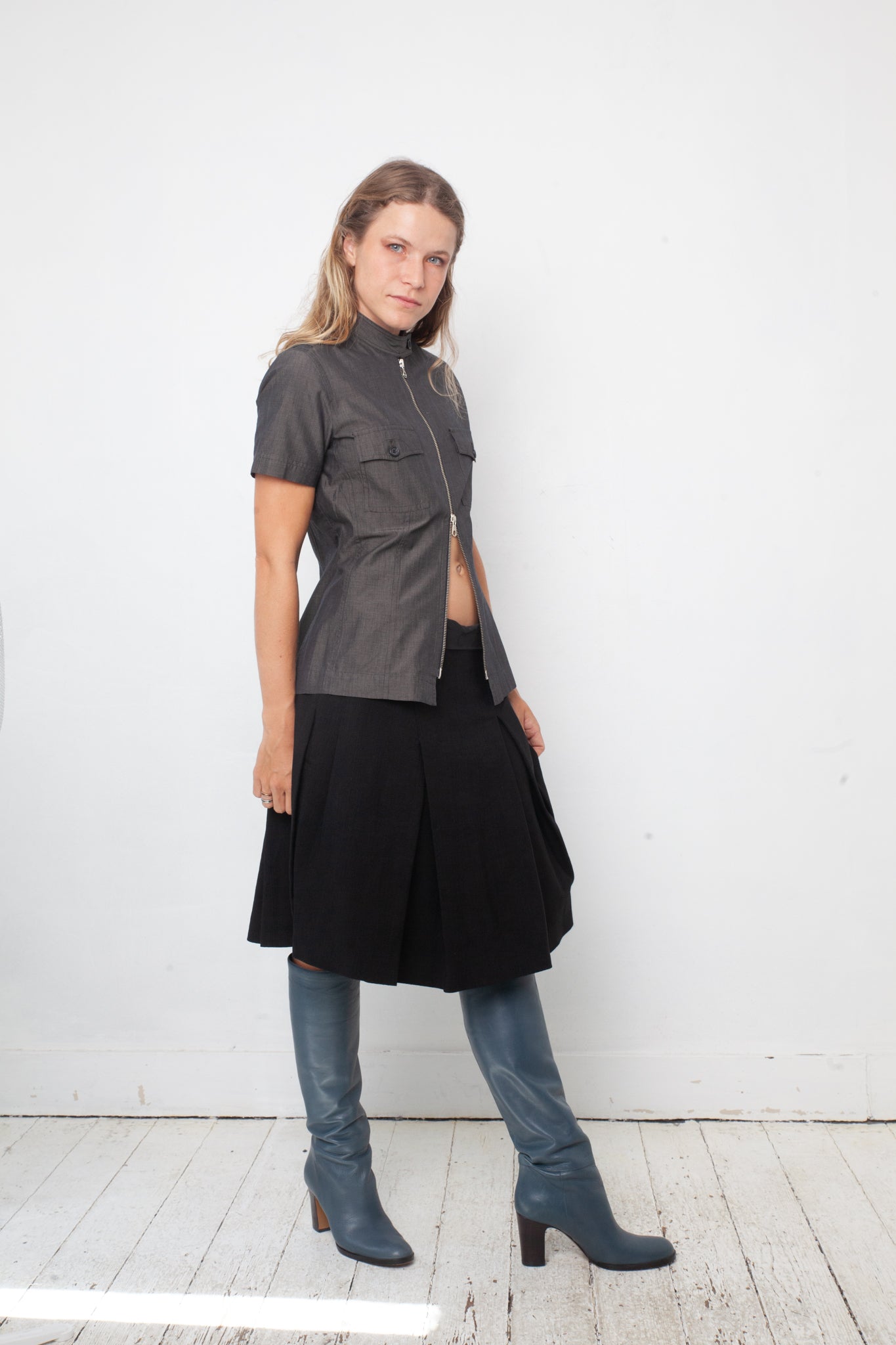 Dries van Noten 90's wool and paper black A-line midi skirt