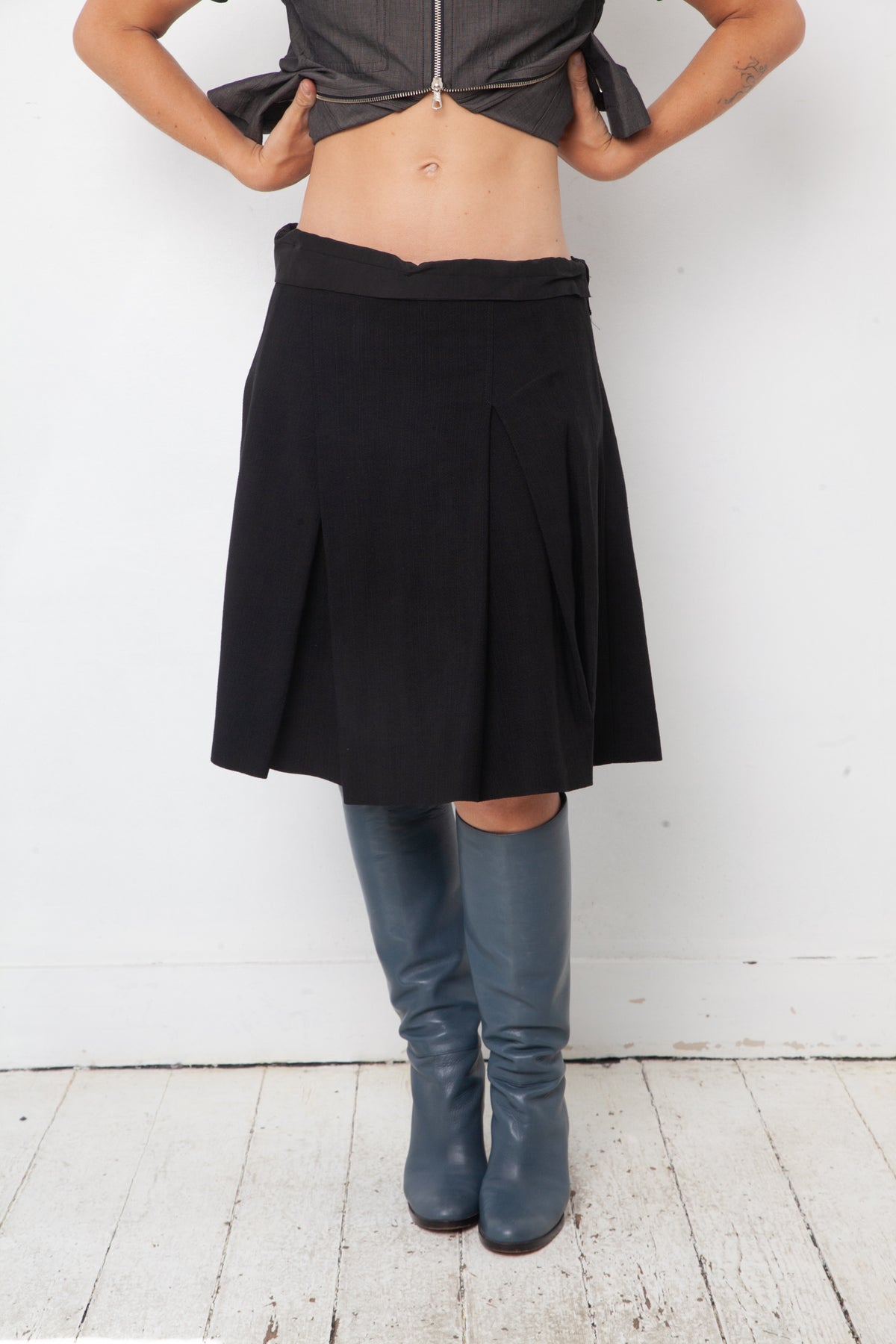 Dries van Noten 90's wool and paper black A-line midi skirt