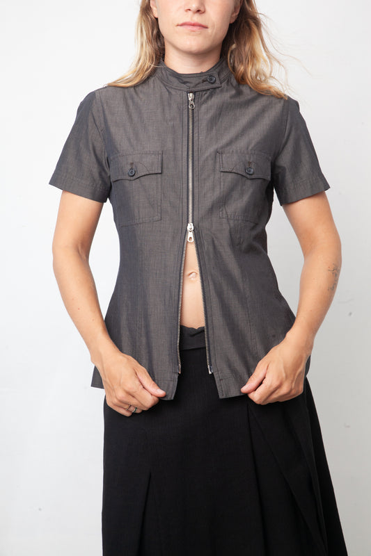 Dries van Noten 90's grey cotton shirt with 2 way zipper and mandarin collar