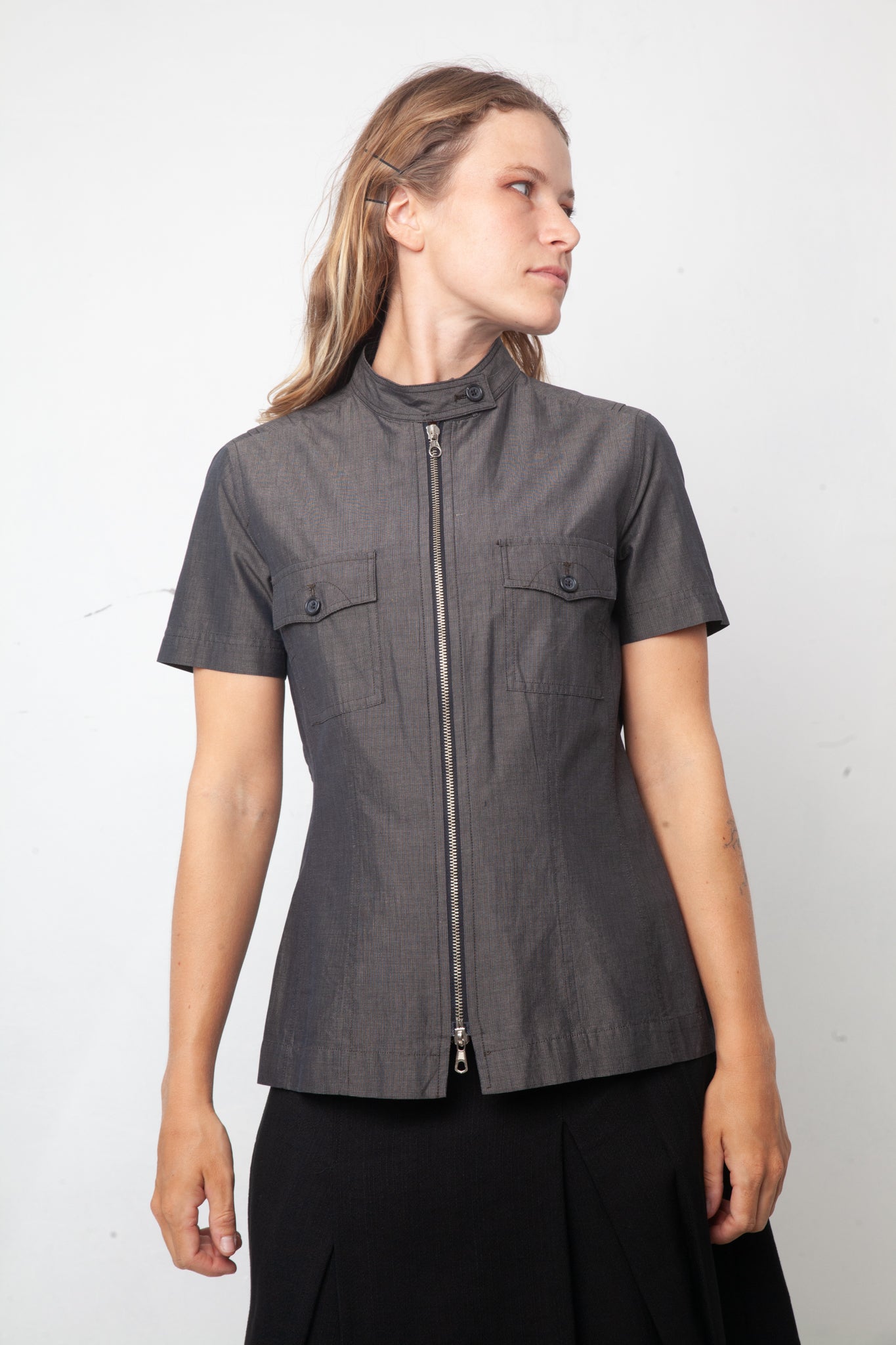 Dries van Noten 90's grey cotton shirt with 2 way zipper and mandarin collar