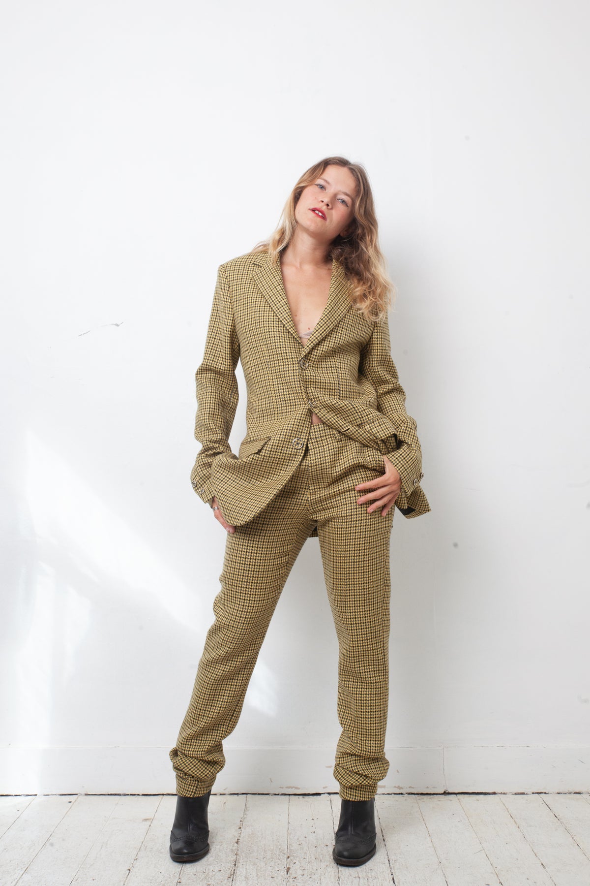 Raf Simons FW 2018 yellow checkered wool pantsuit