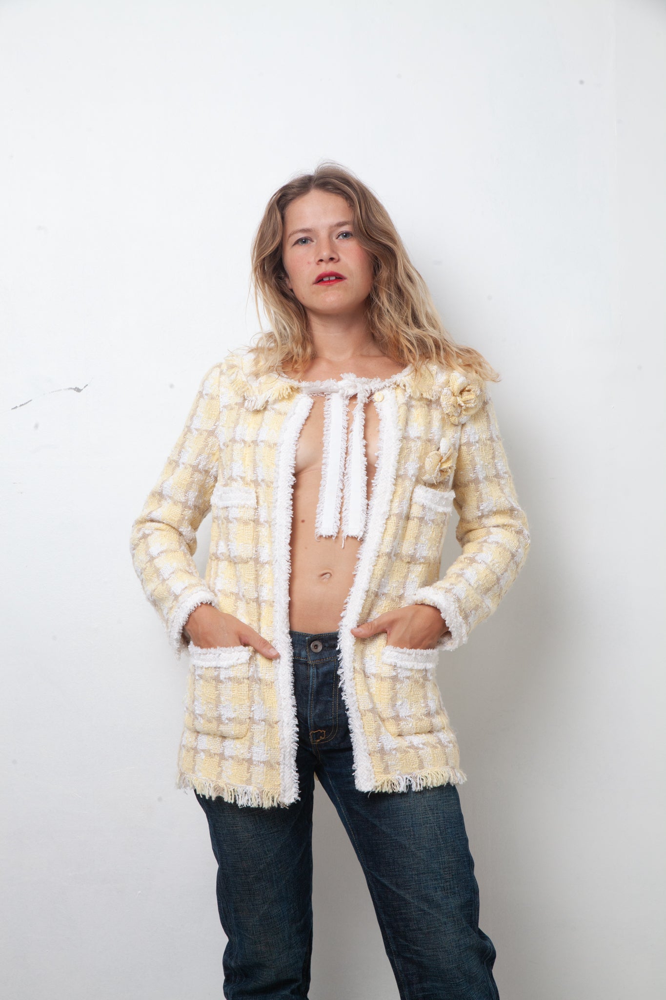 Chanel Cruise 2004 butter yellow and white tweed jacket