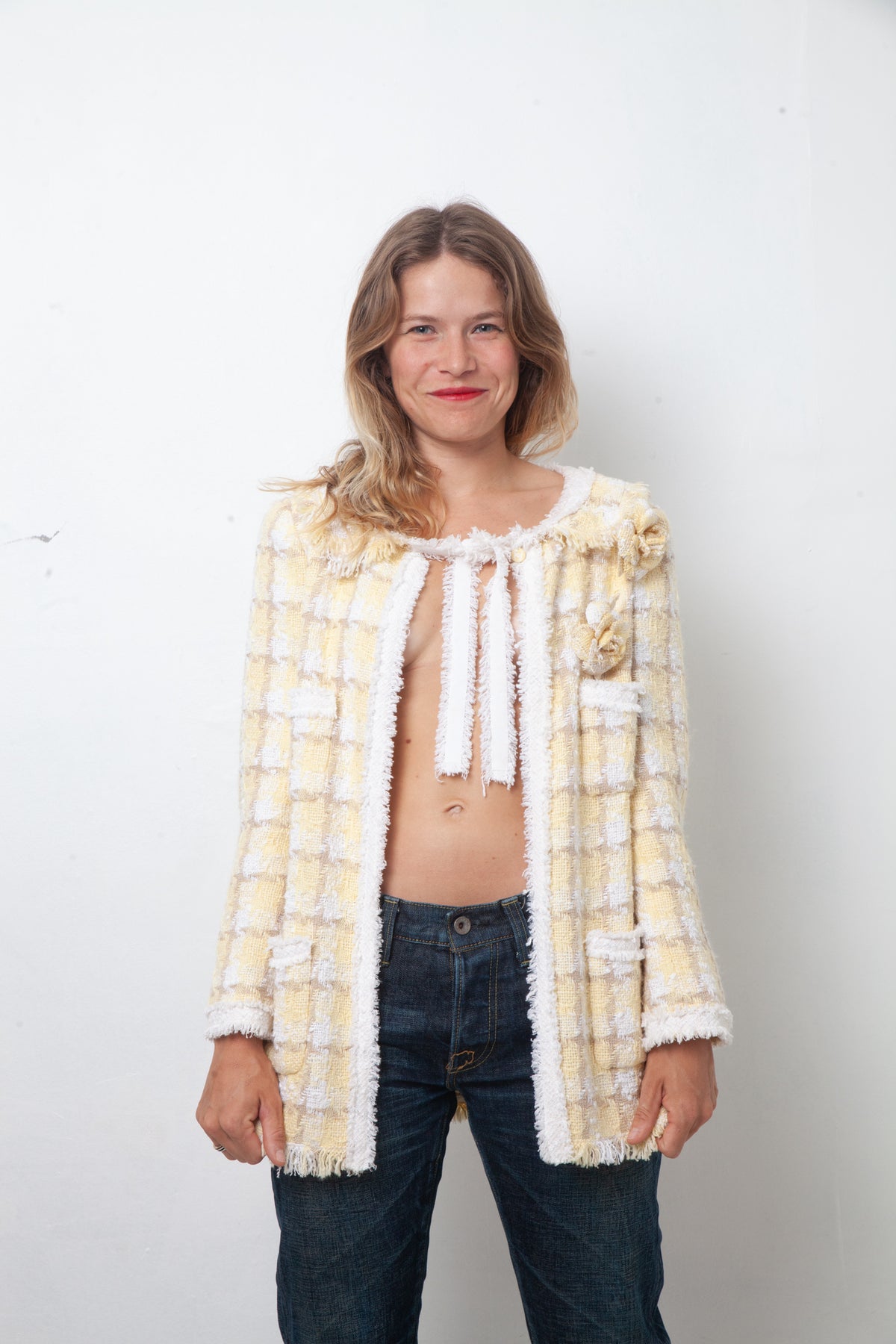 Chanel Cruise 2004 butter yellow and white tweed jacket