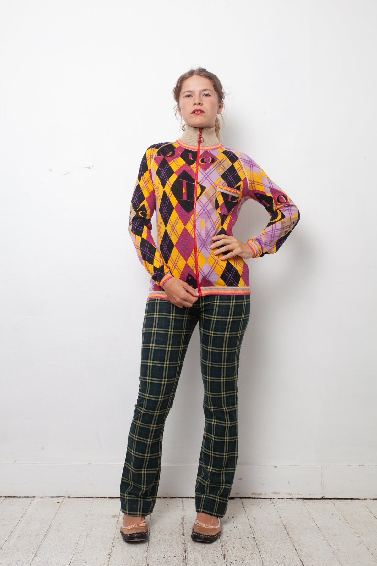 Christian Dior SS 2005 argyle zipper cardigan in yellow purple and black