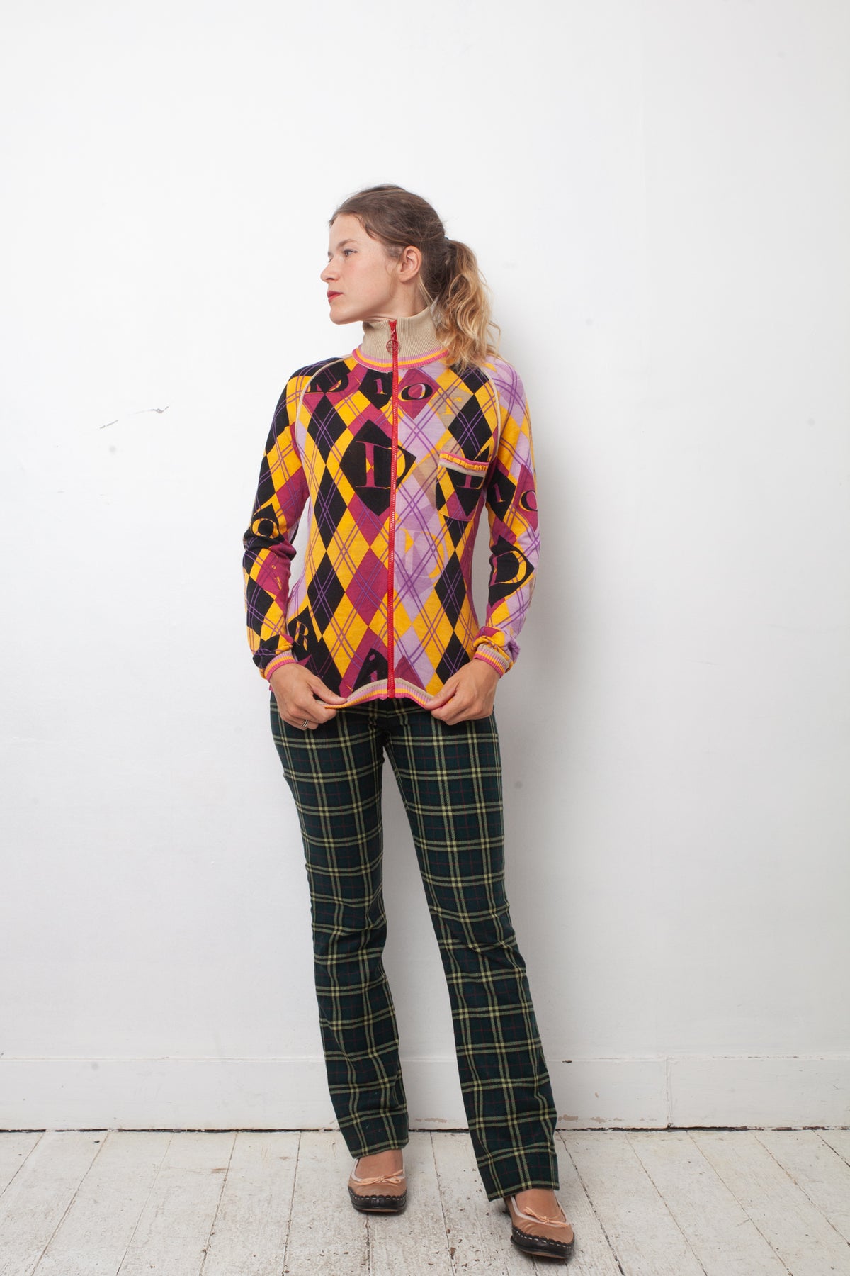 Christian Dior SS 2005 argyle zipper cardigan in yellow purple and black