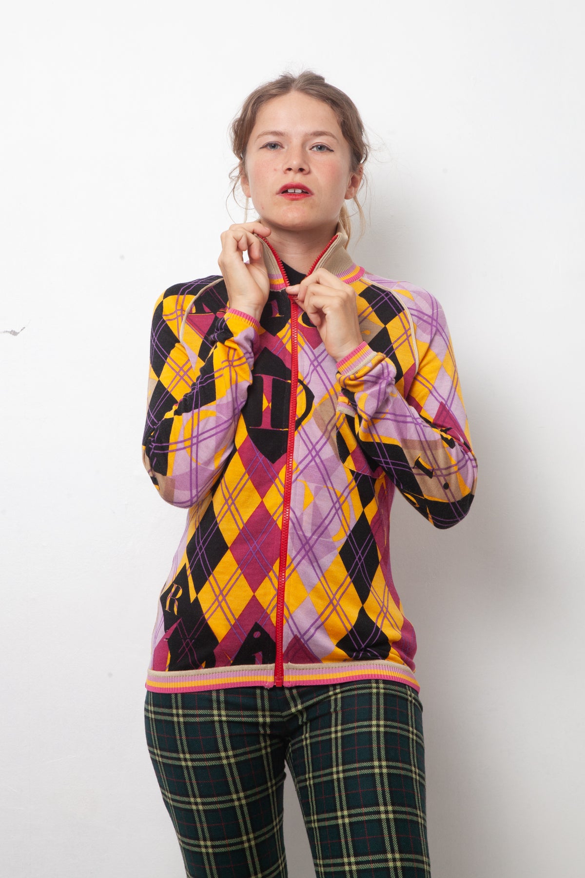 Christian Dior SS 2005 argyle zipper cardigan in yellow purple and black