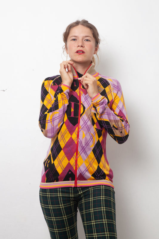 Christian Dior SS 2005 argyle zipper cardigan in yellow purple and black