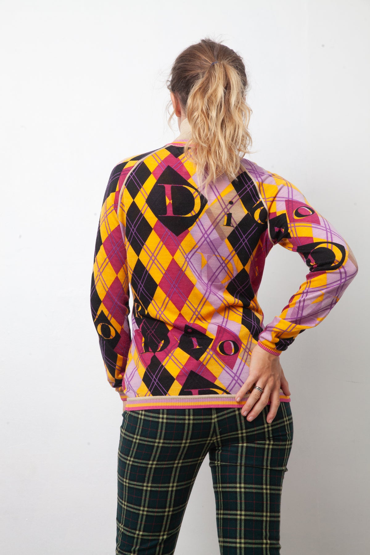Christian Dior SS 2005 argyle zipper cardigan in yellow purple and black