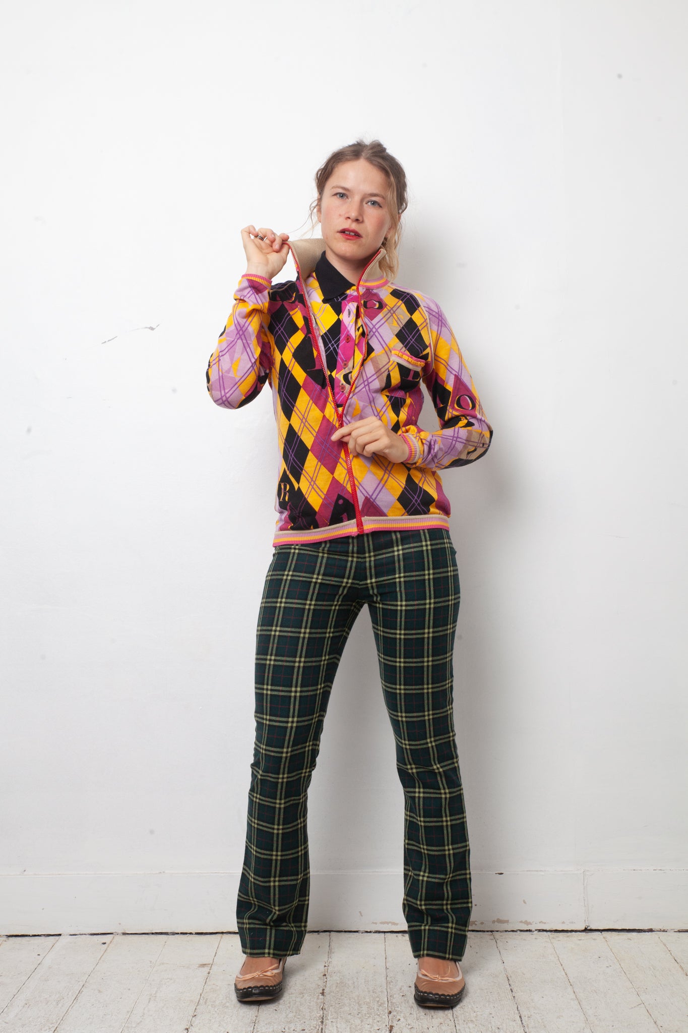 Christian Dior SS 2005 argyle zipper cardigan in yellow purple and black
