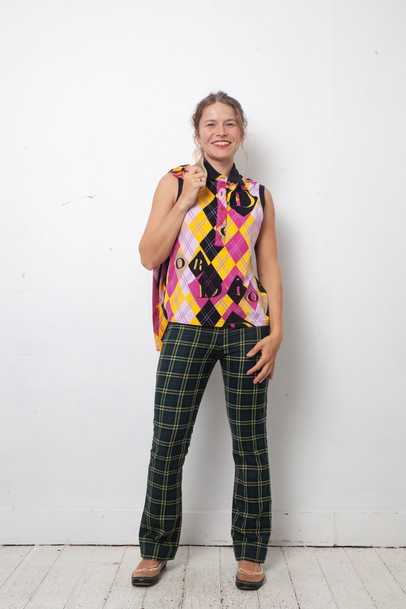Christian Dior SS 2005 argyle zipper cardigan in yellow purple and black