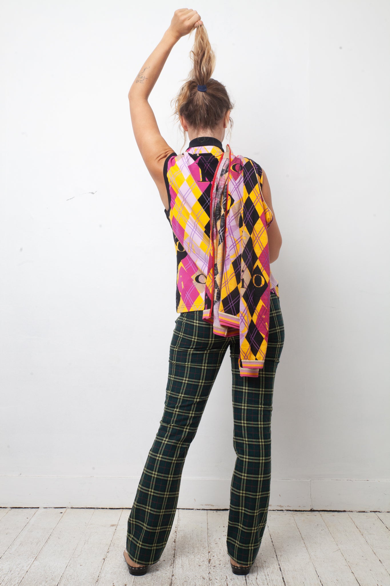 Christian Dior SS 2005 argyle zipper cardigan in yellow purple and black
