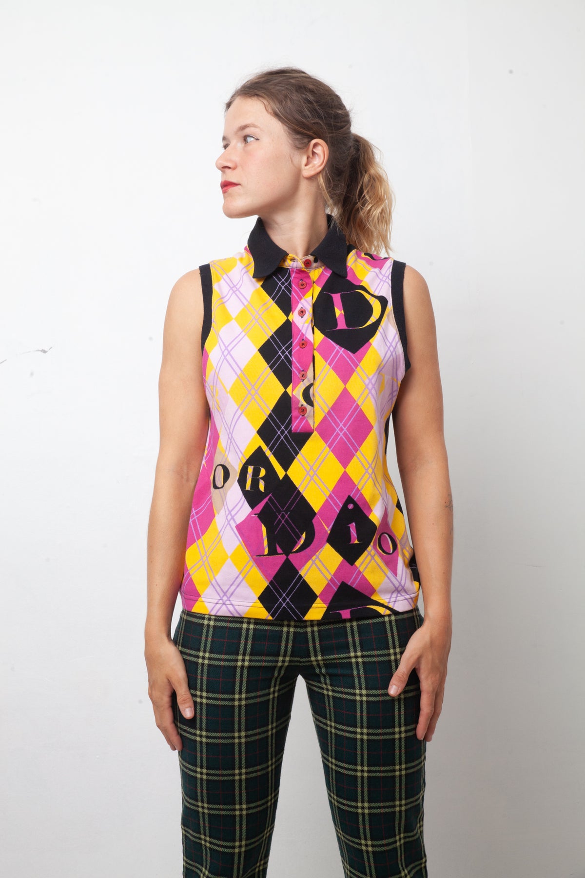 Christian Dior SS 2005 argyle print sleeveless polo shirt