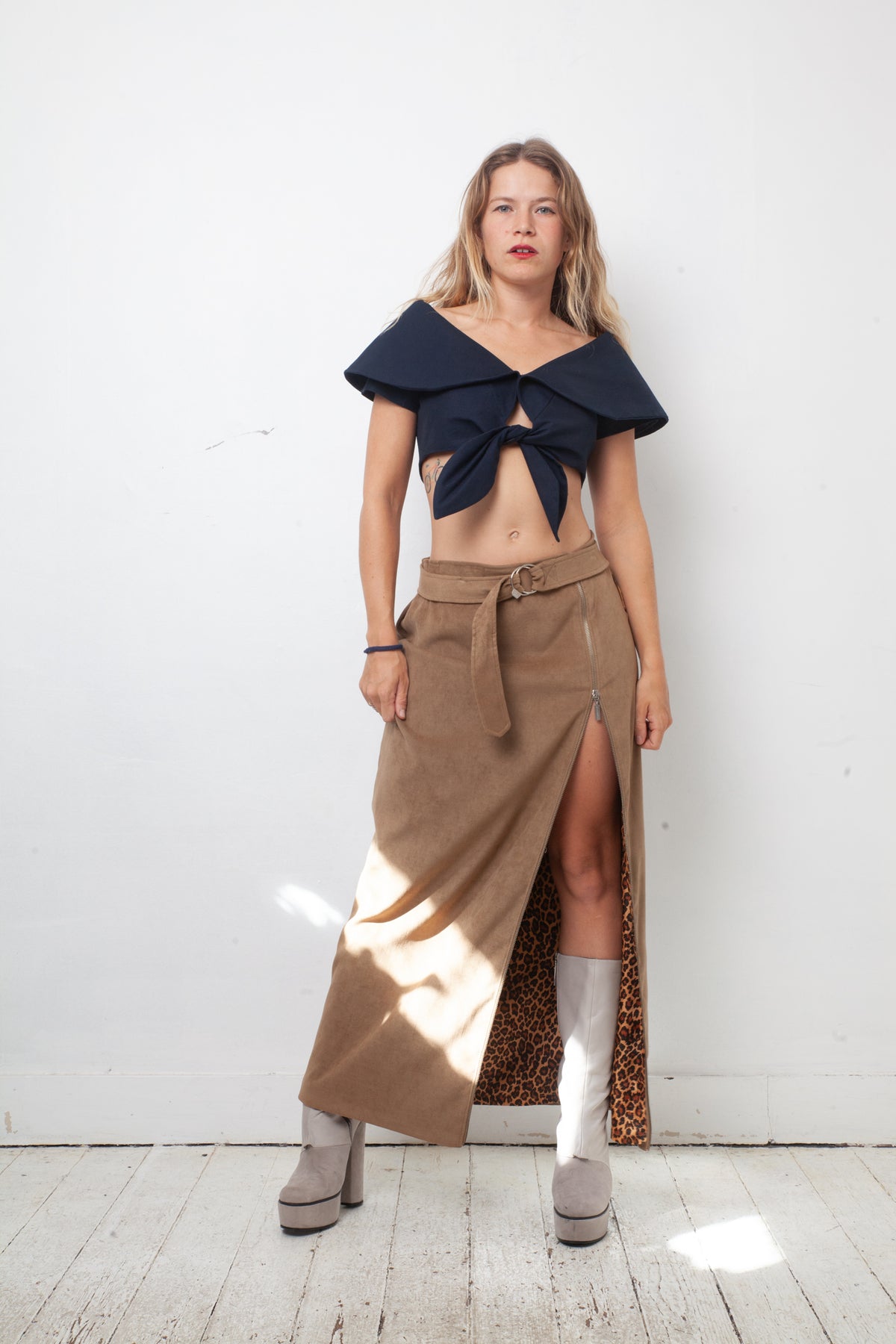 Jean Charles de Castelbajac 90's velvet beige maxi skirt with leopard lining