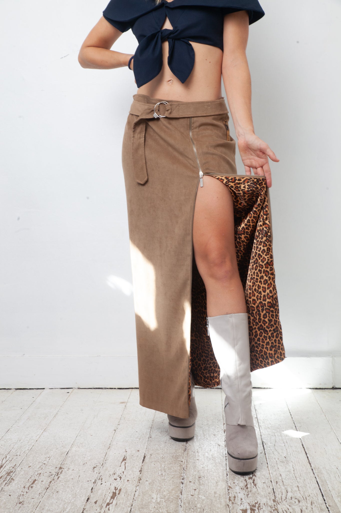 Jean Charles de Castelbajac 90's velvet beige maxi skirt with leopard lining