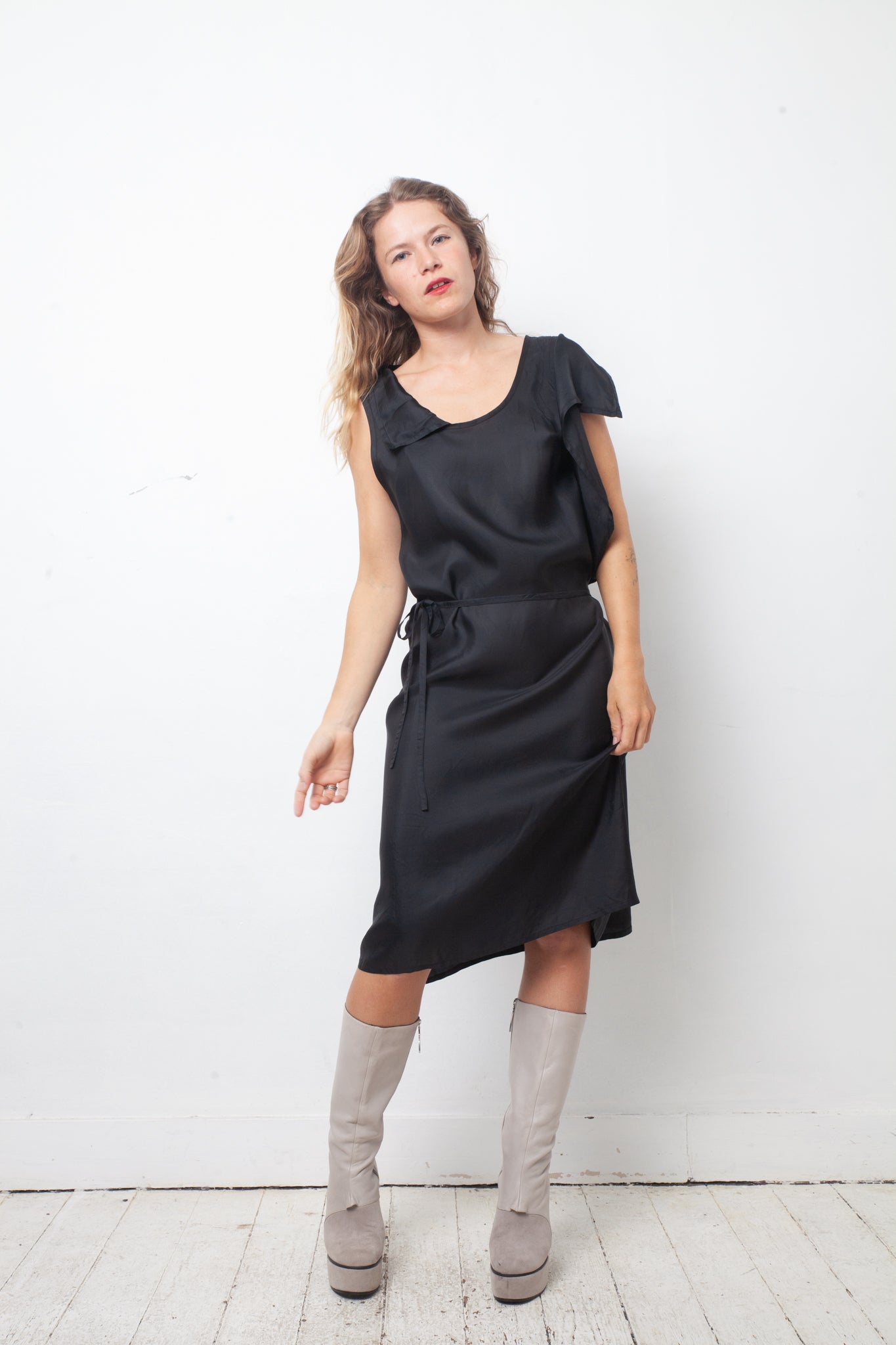 Ann Demeulemeester FW 1998 "4 holes" midnight wrap dress
