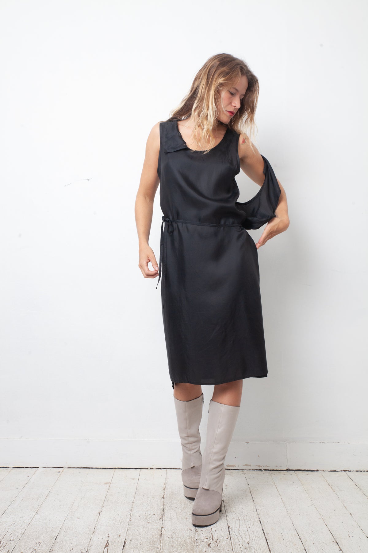 Ann Demeulemeester FW 1998 "4 holes" midnight wrap dress