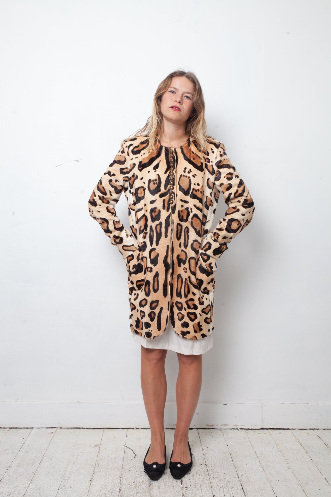 Pollini 2000's goat fur coat with leopard print