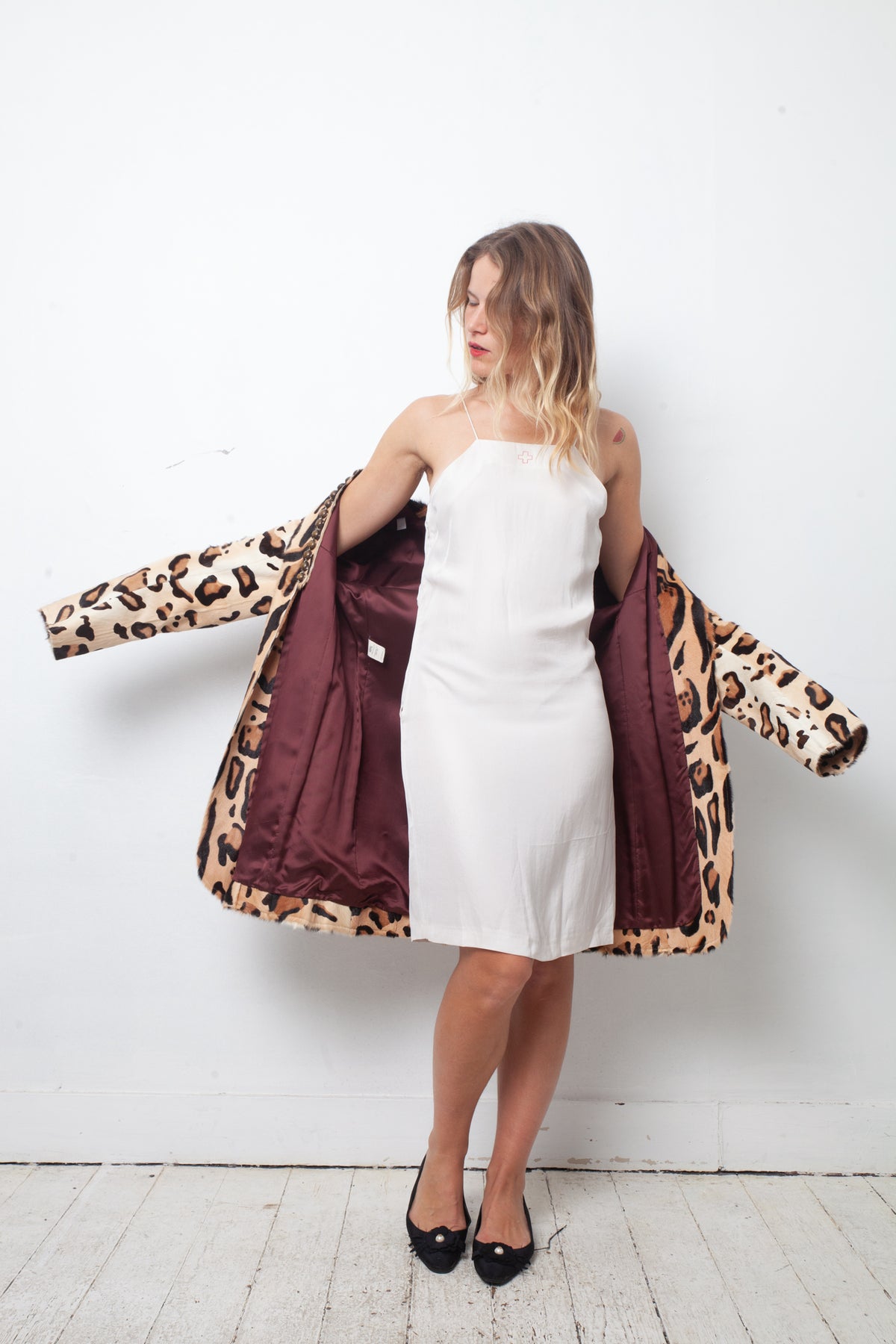 Pollini 2000's goat fur coat with leopard print