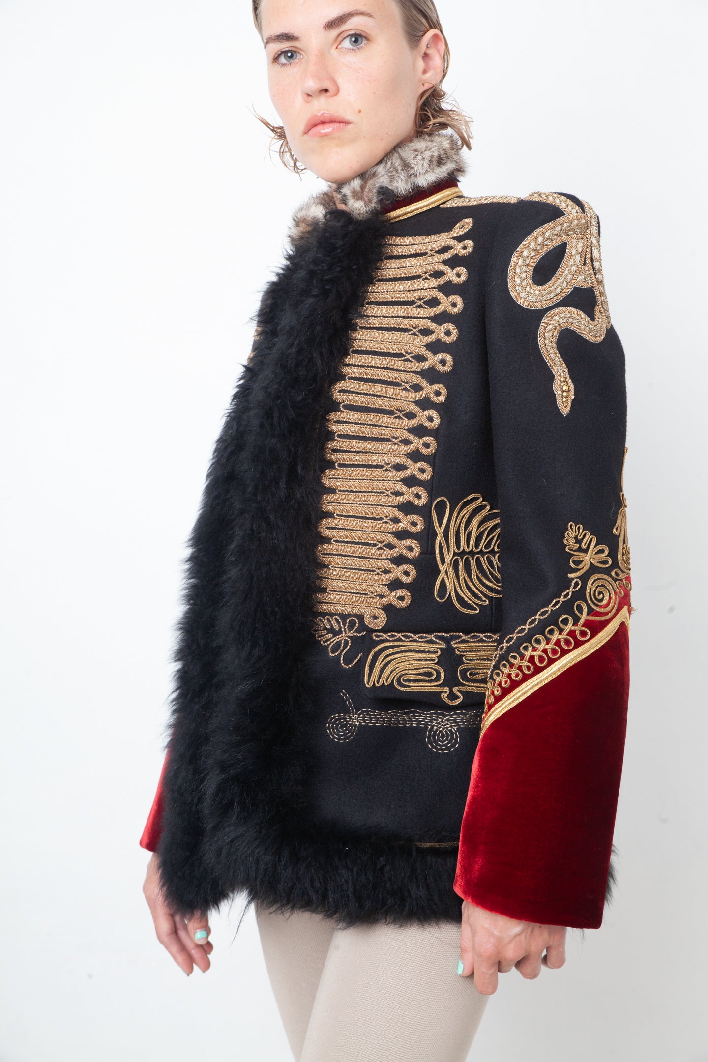 Roberto Cavalli Fall 2016 runway military jacket with golden snake embroideries