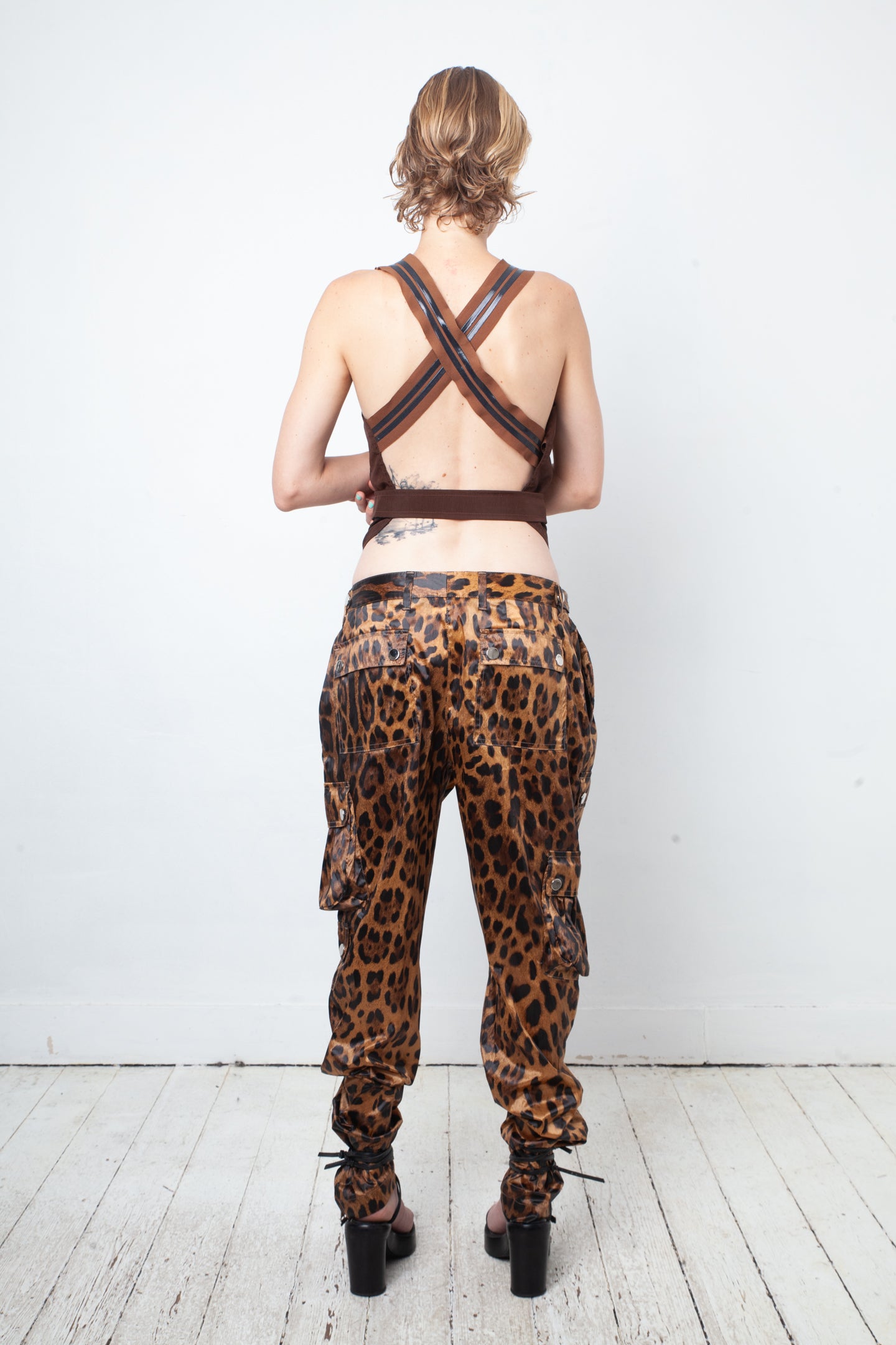 Jean Paul Gaultier 90's brown cargo harness top with multiple pockets and open back