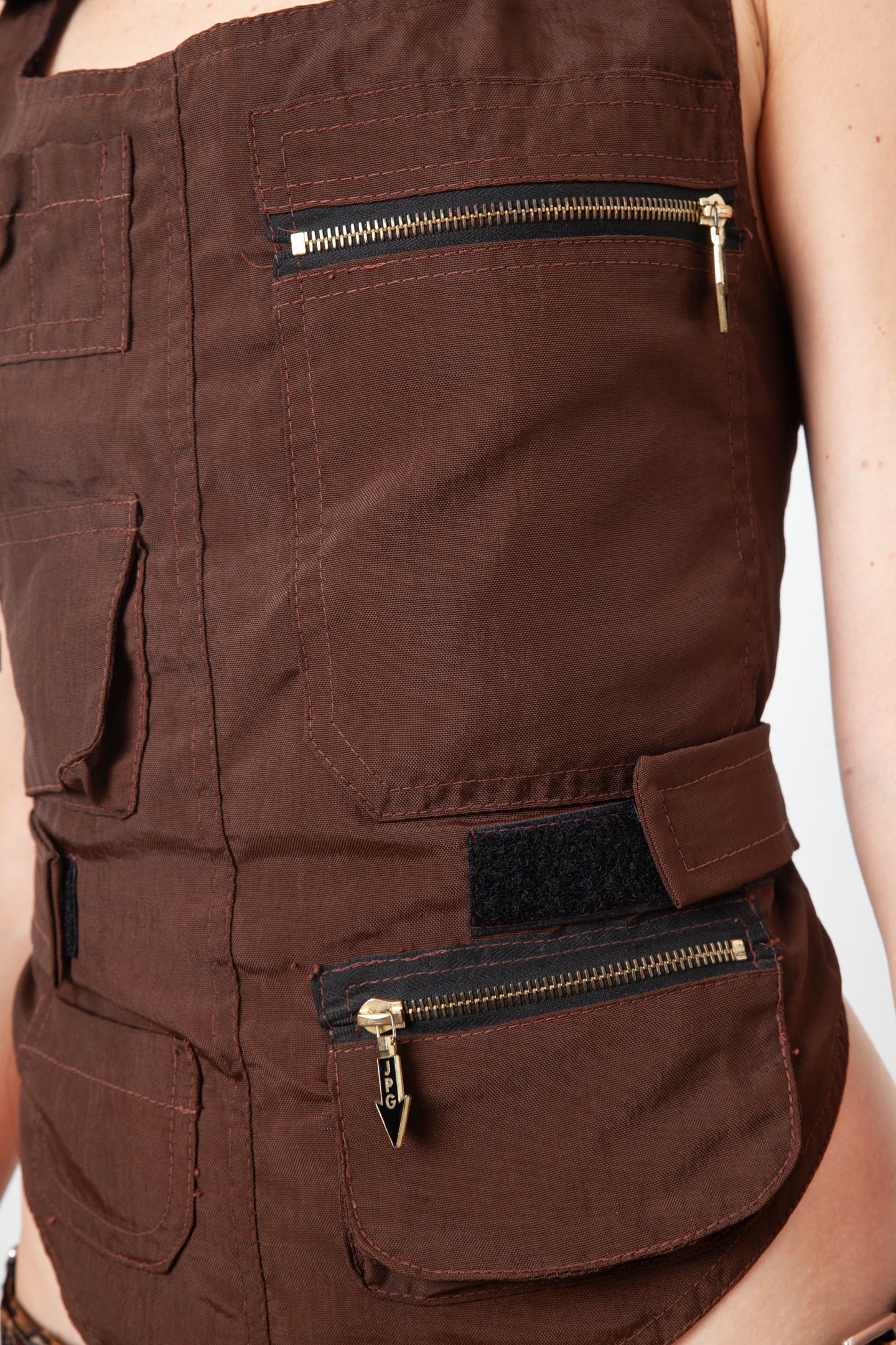 Jean Paul Gaultier 90's brown cargo harness top with multiple pockets and open back