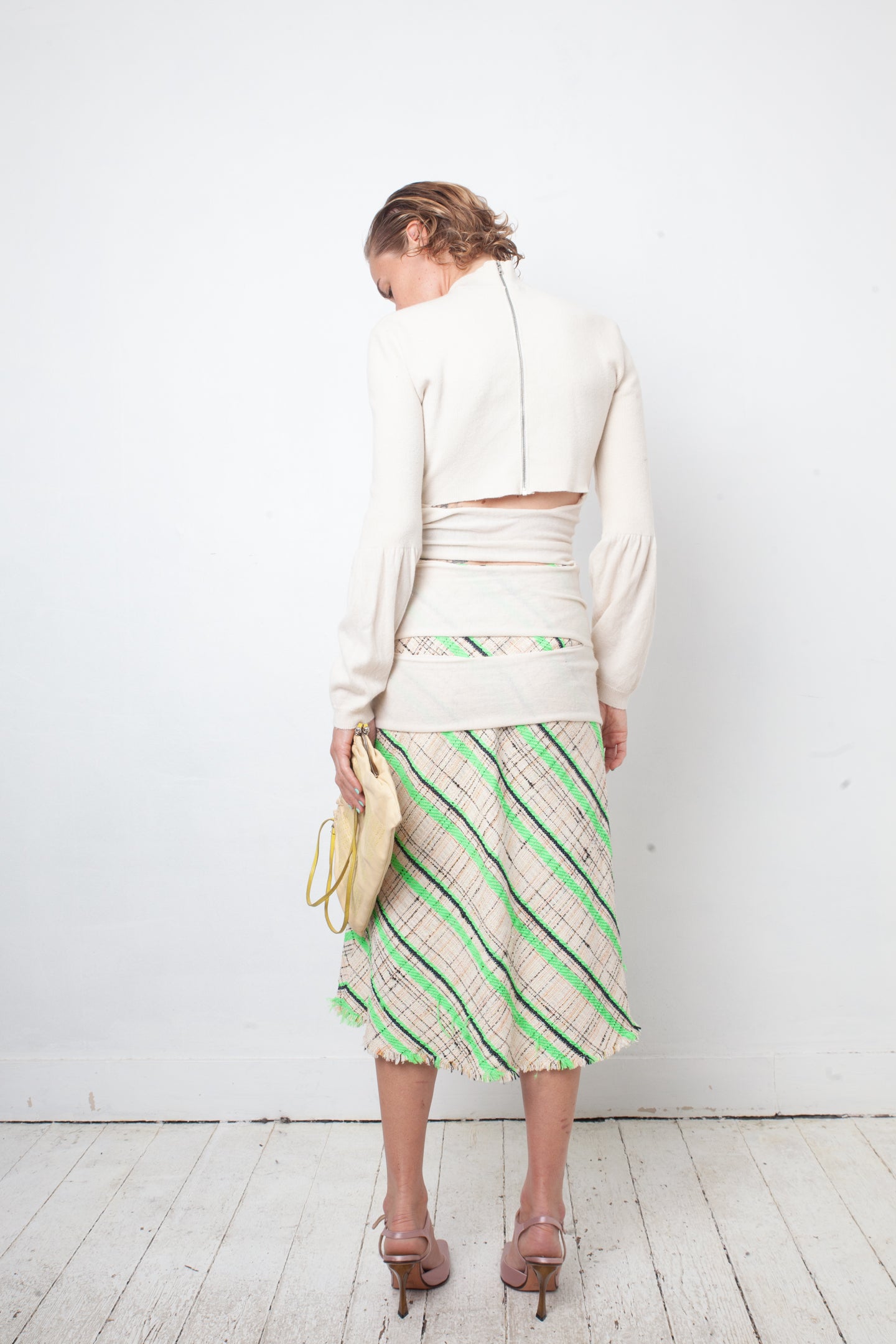 Margiela Spring 2017 cotton knit beige and fluorescent green midi skirt