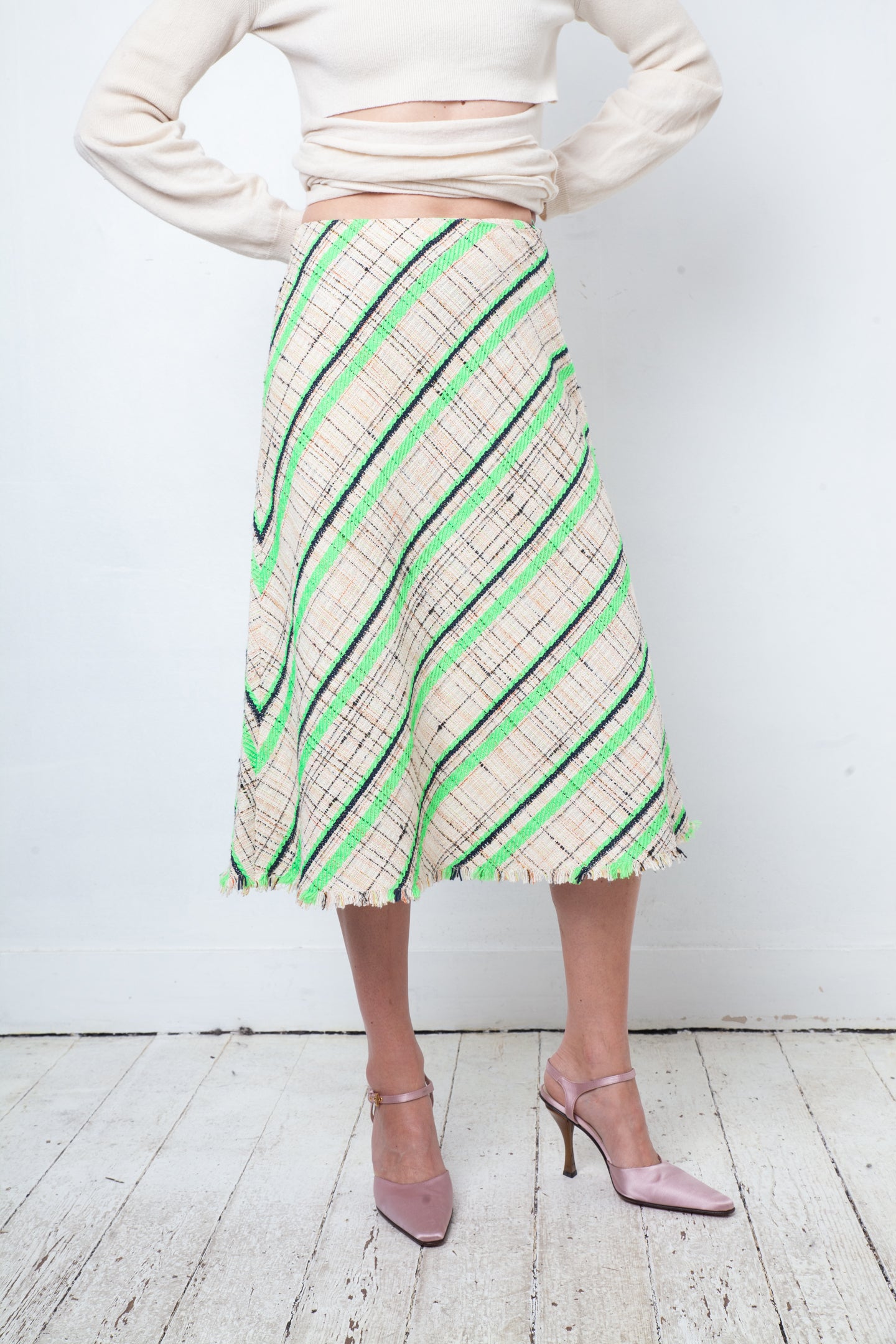 Margiela Spring 2017 cotton knit beige and fluorescent green midi skirt